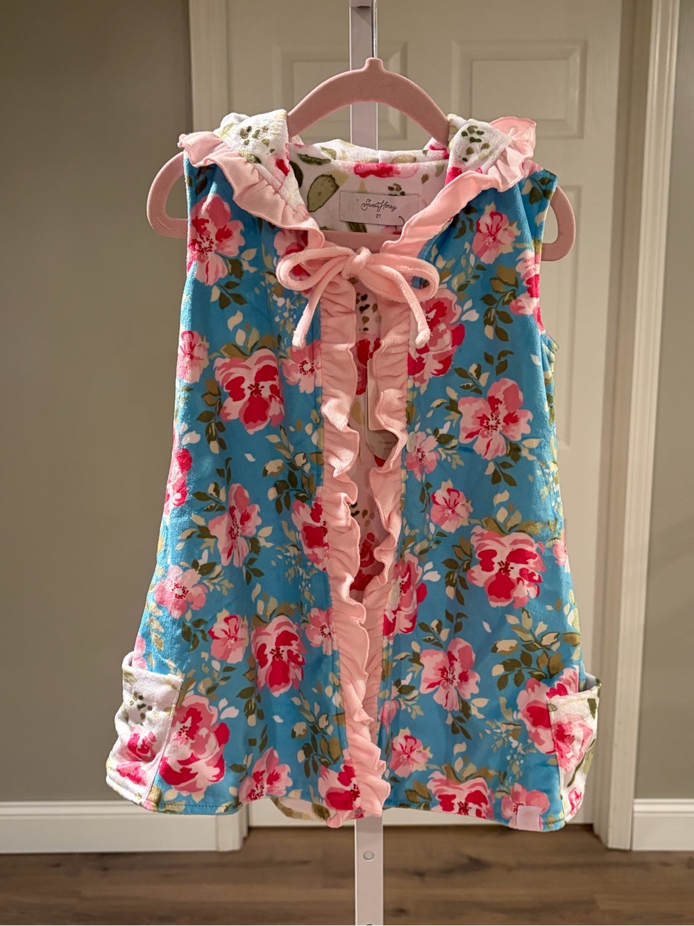 Sweet Honey Floral Hooded Terry Swim Cover Up- Blue & Pink